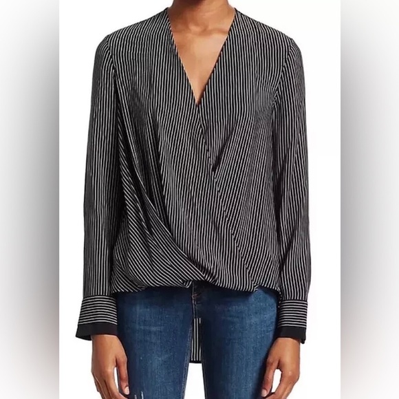 Rag & Bone Victor Silk Black White Striped 100% Silk Wrap Blouse Size Small - Picture 1 of 8